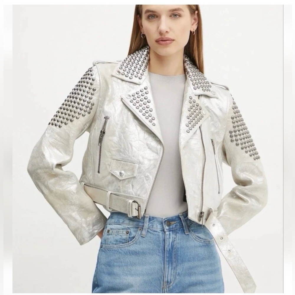 The Kooples Silver Metallic Studded Cropped Leather Moto Jacket Sz 3 Large NWT